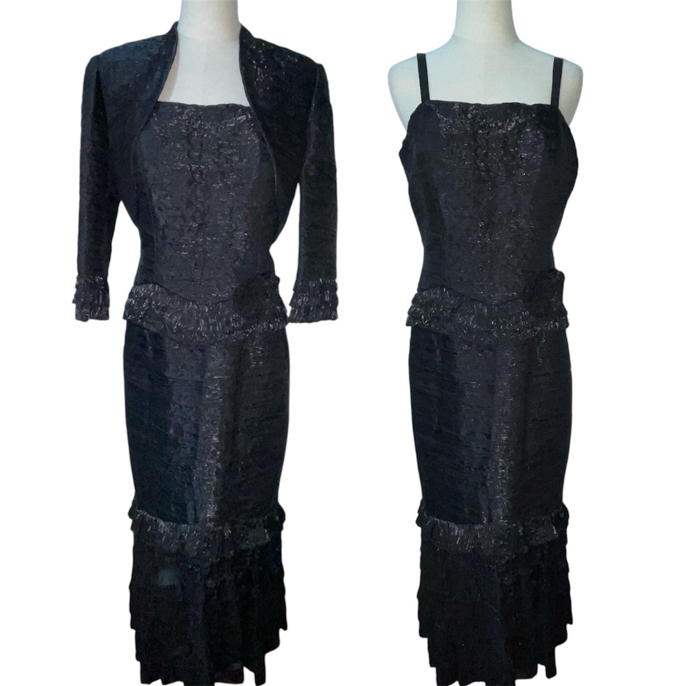 Nina Nischelle Womens Black Crinkle Ruffle Mermaid Evening Gown Bolero Set 10